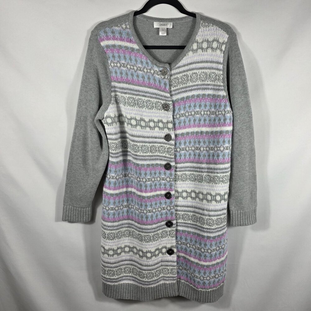 CJ Banks Cardigan Sweater Women's Size 1X Gray & Lavendar Fair Isle Long Length